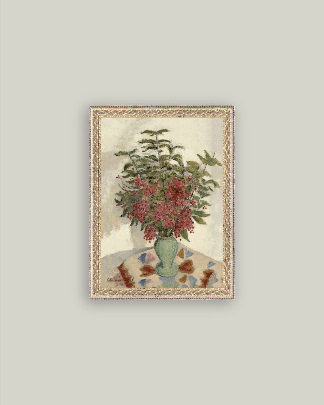 Red Hydrangeas Framed Antique Art: 5x7