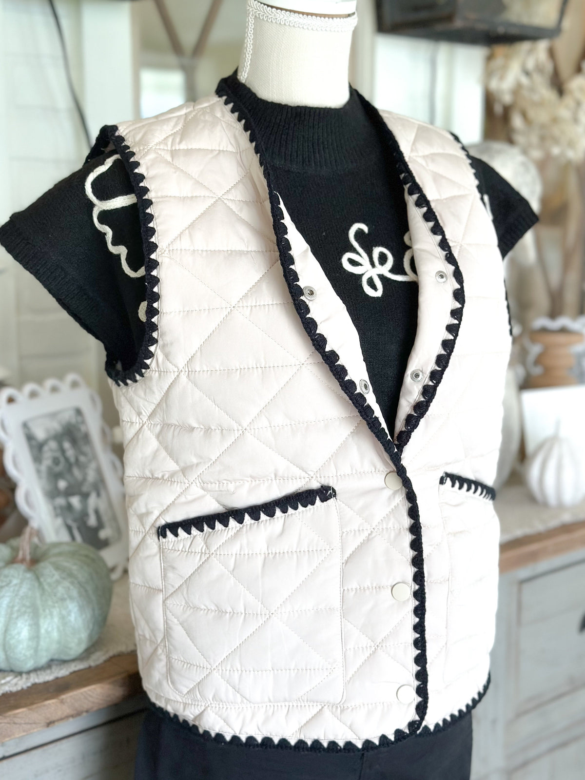Quilted Cream Vest With Black Trim