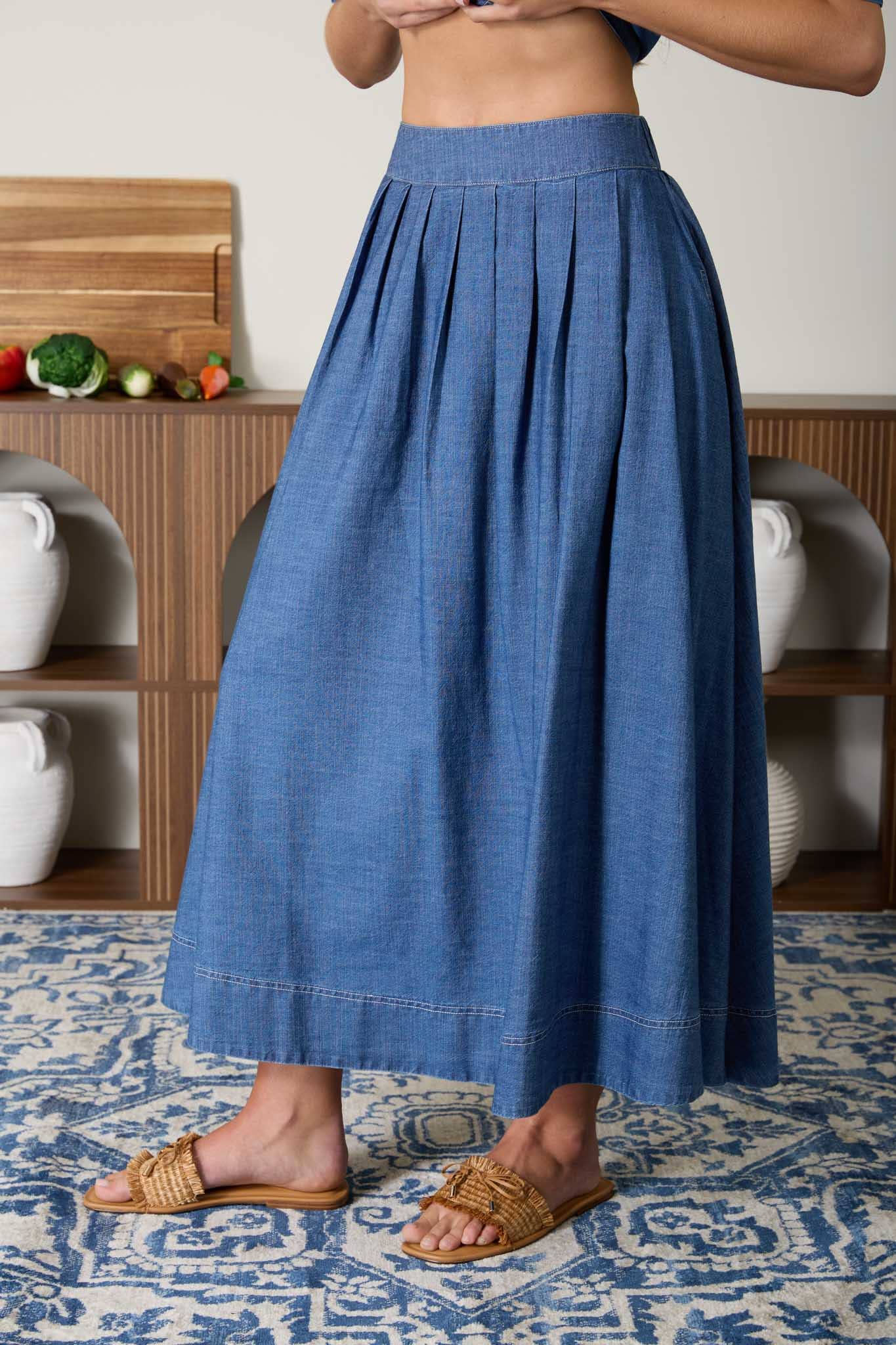 PLEATED HIGH WAIST DENIM MIDI SKIRT : DENIM