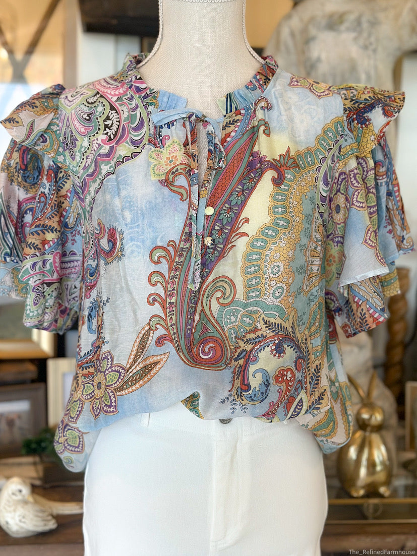 Mixed Paisley Print Double Ruffle Sleeve Top