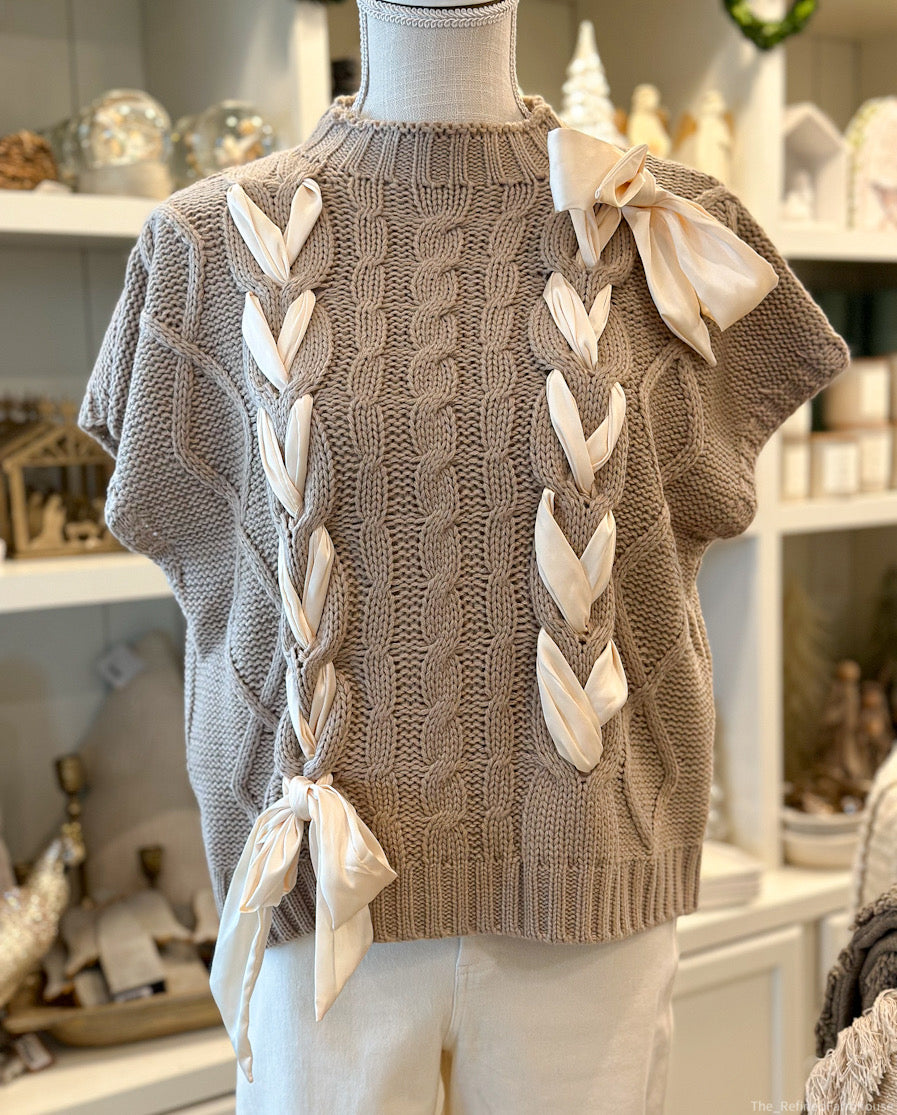 SATIN BOW CABLE KNIT SWEATER TOP: TAUPE