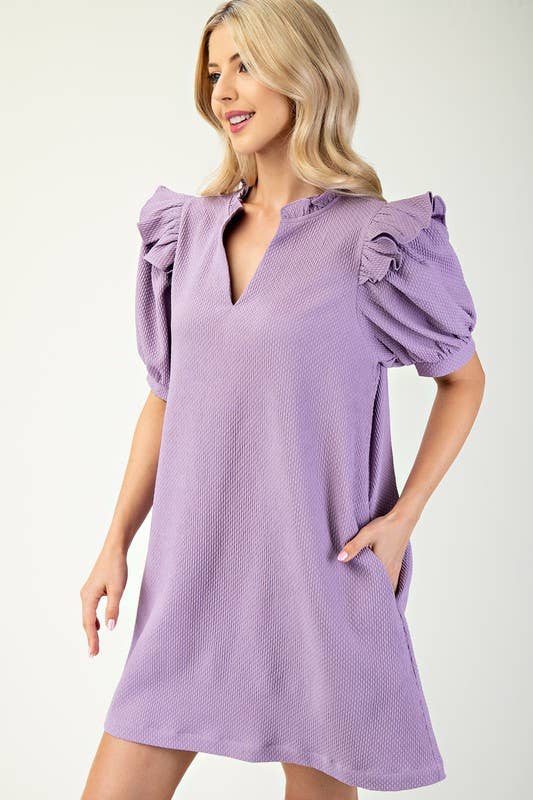 Lavender Puff Sleeve Textured Mini Dress
