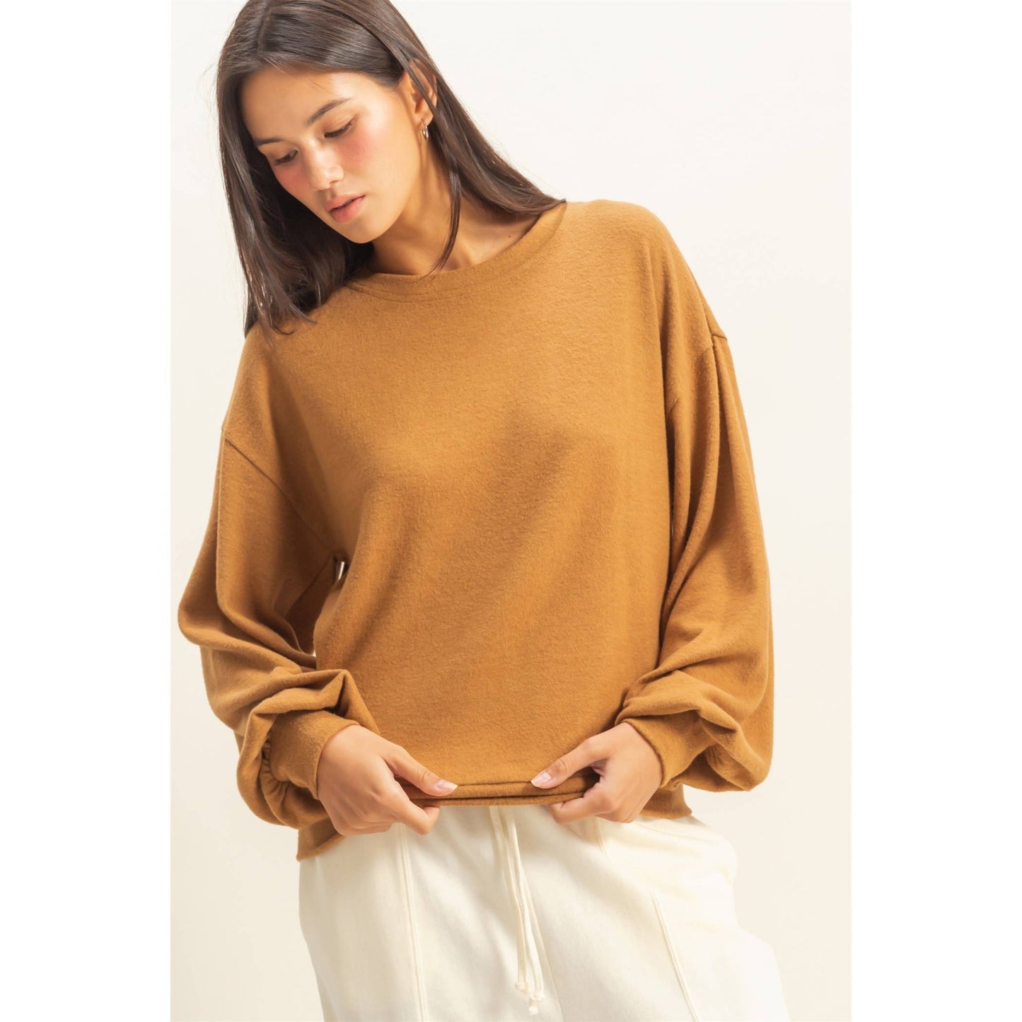 Round Neck Balloon Sleeve Sweatshirt | Pale Brown