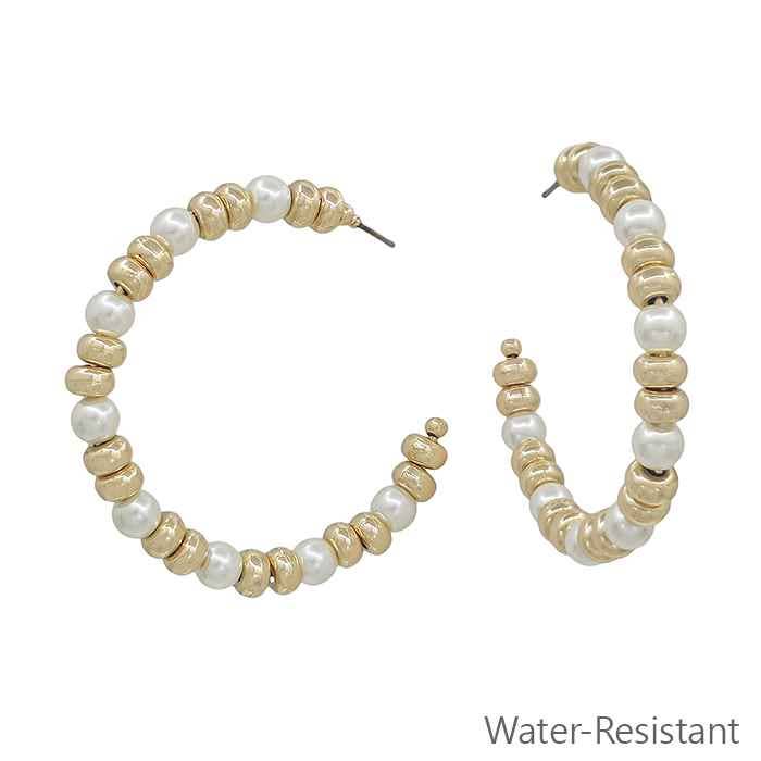 Gold and Pearl Beaded 2" Hoop Earring