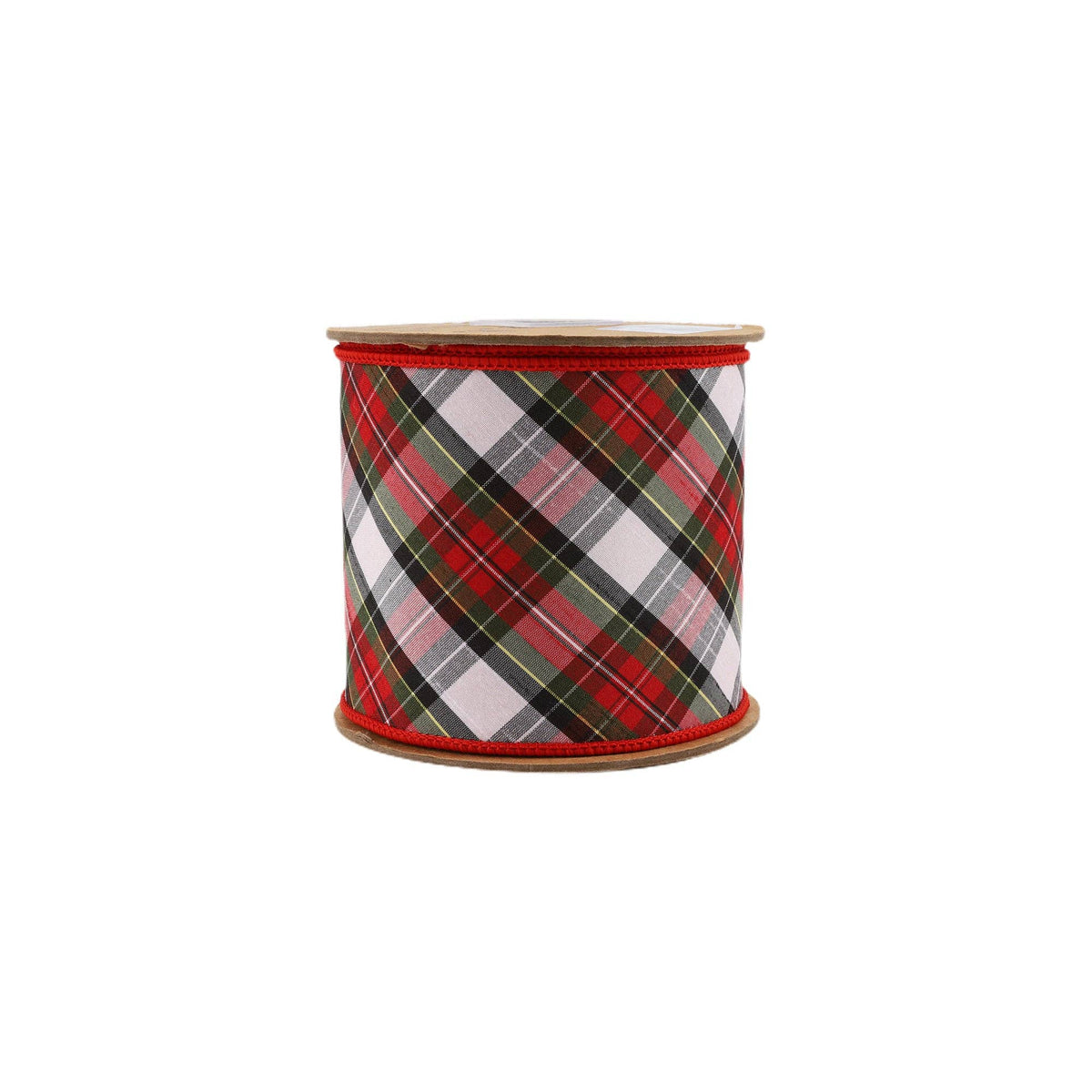 4" Wired Dupioni Ribbon | Red/Green/Black/White Small Plaid Bias Cut Double-Fused Red Backing | 5 Yard Roll