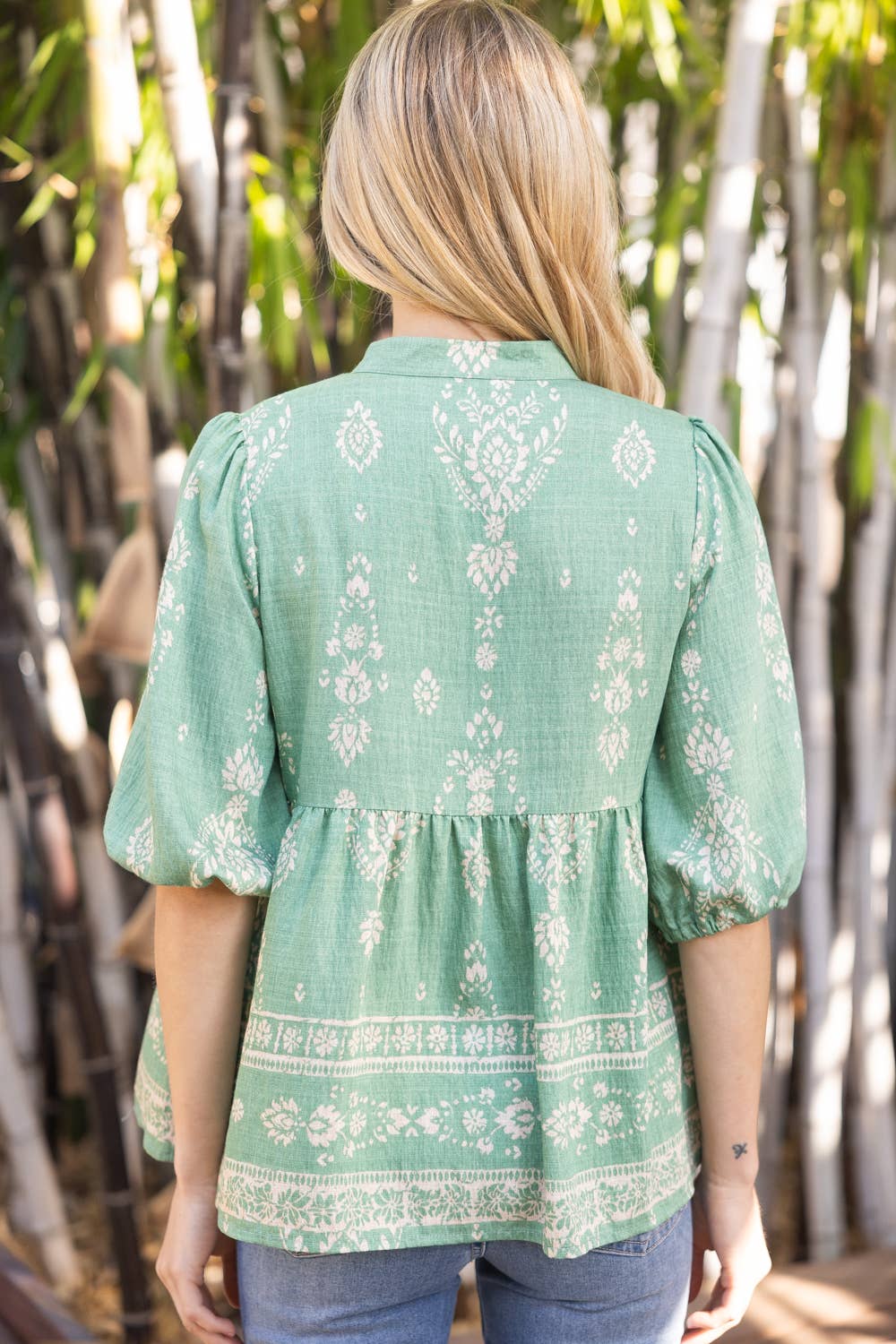 Peplum Boarder Print Cover Button Top