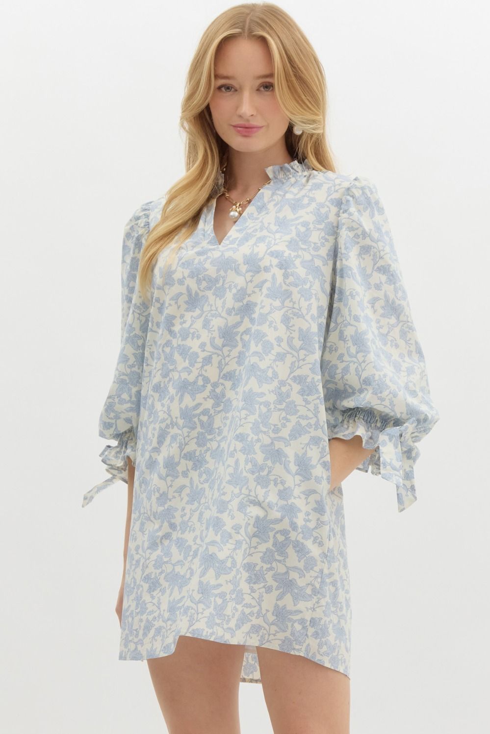 Light Blue Floral Puff Sleeve Mini Dress