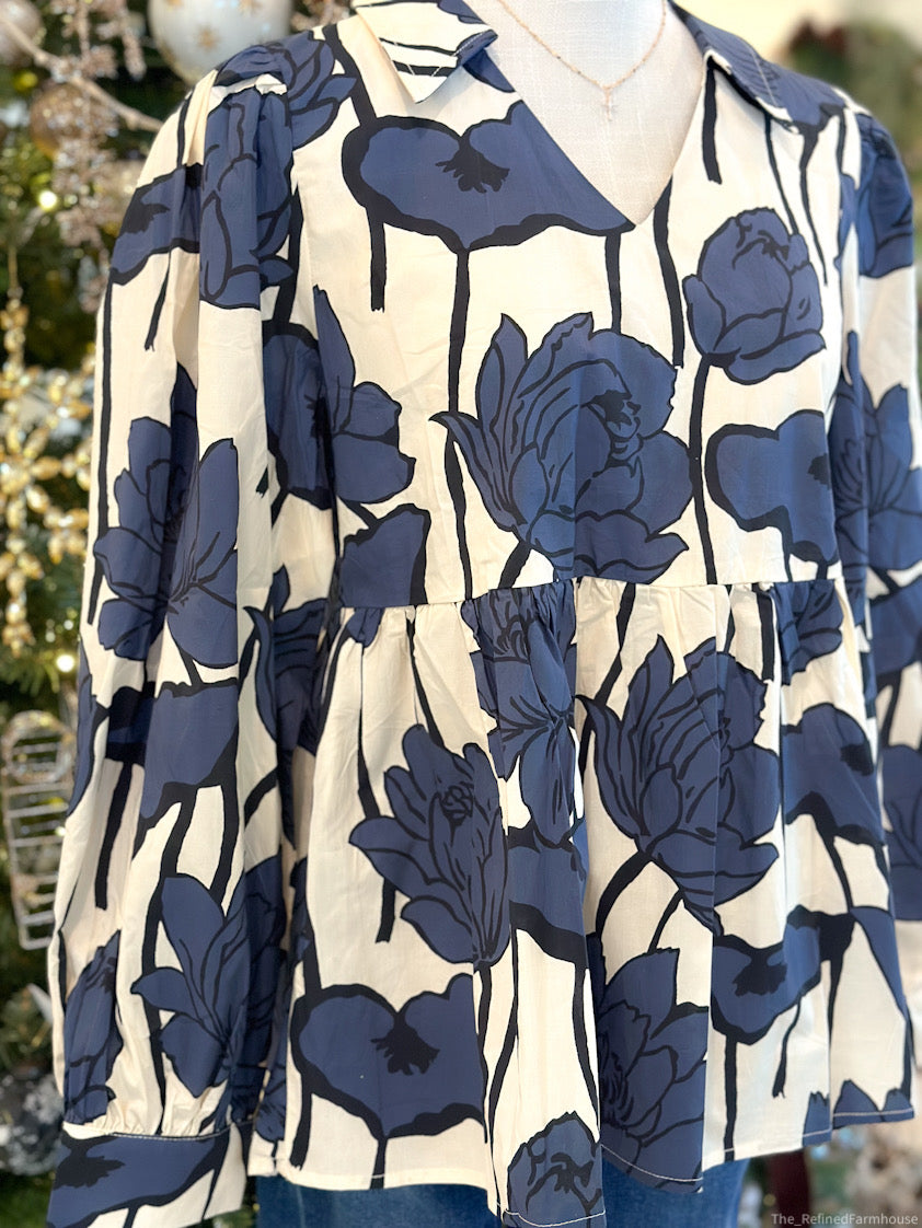 Floral Print Baby Doll Top Blue/Ivory