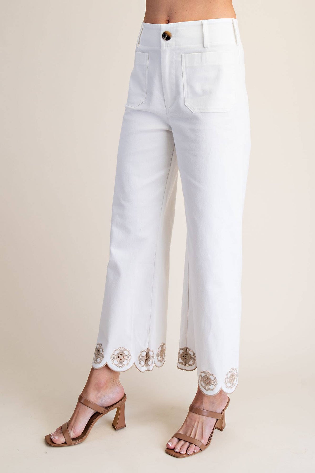 Colette Scallop-Hem Wide-Leg Pants: White