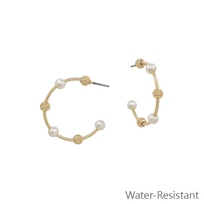 Gold Bar with Pearl and Textured Ball 1" Hoop Earring