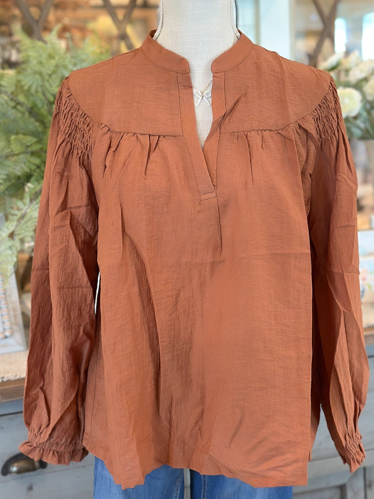 Crinkle Notched Neck Long Sleeve Top - Cinnamon
