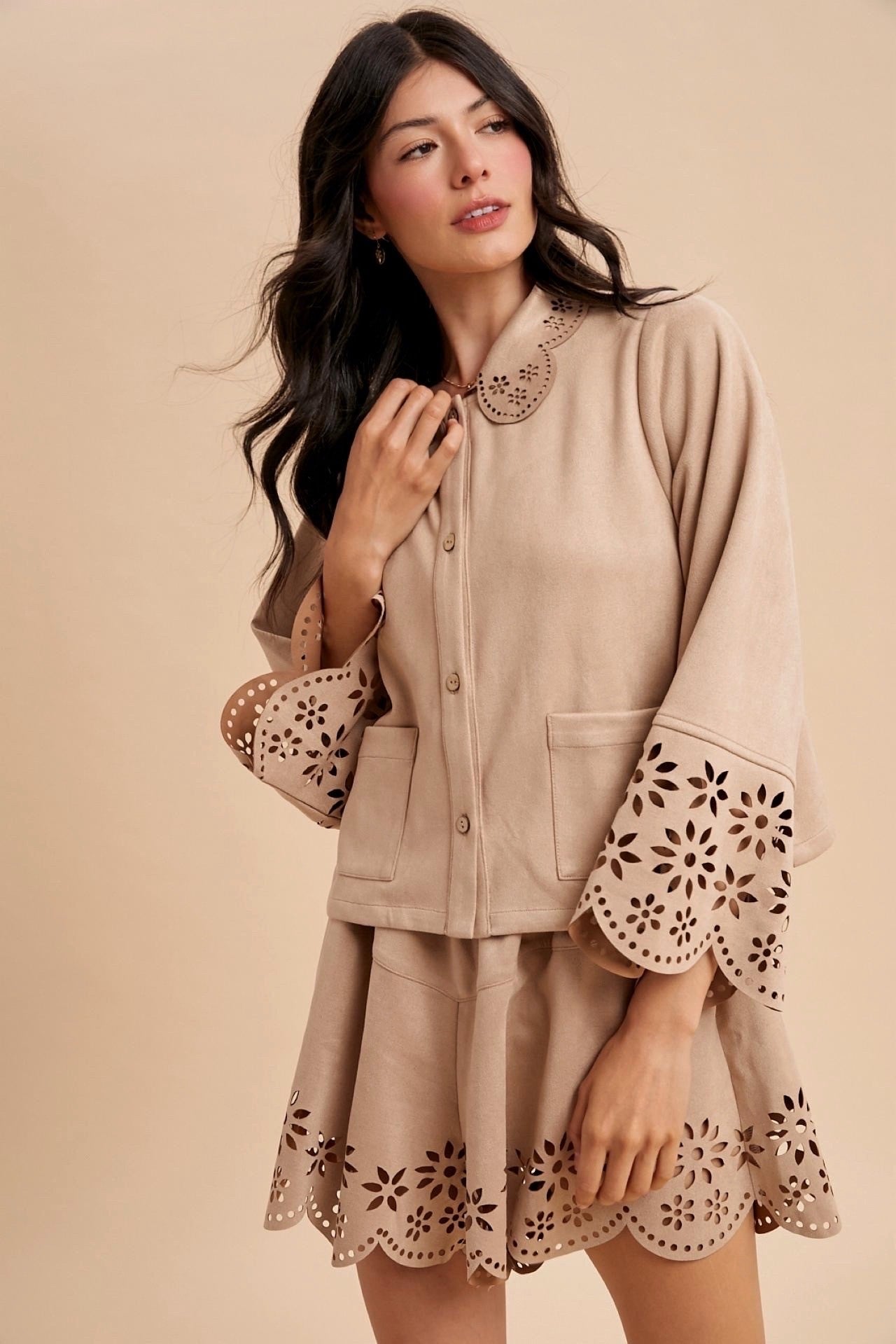 Flower Laser Cut Suede Jacket & Short Set