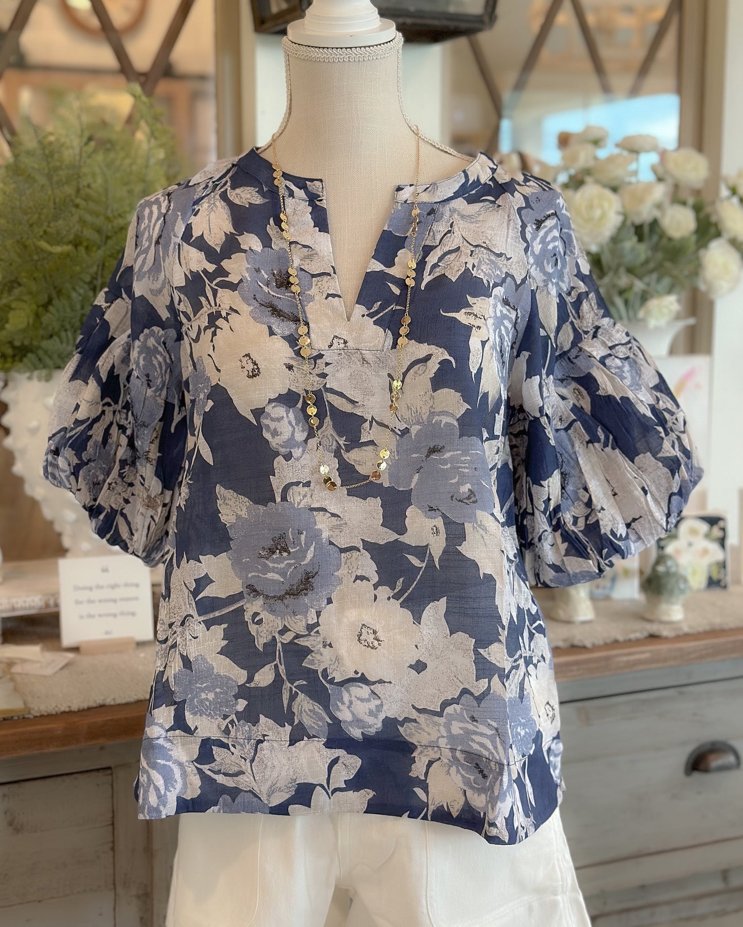 Floral Print Short Balloon Sleeves Top