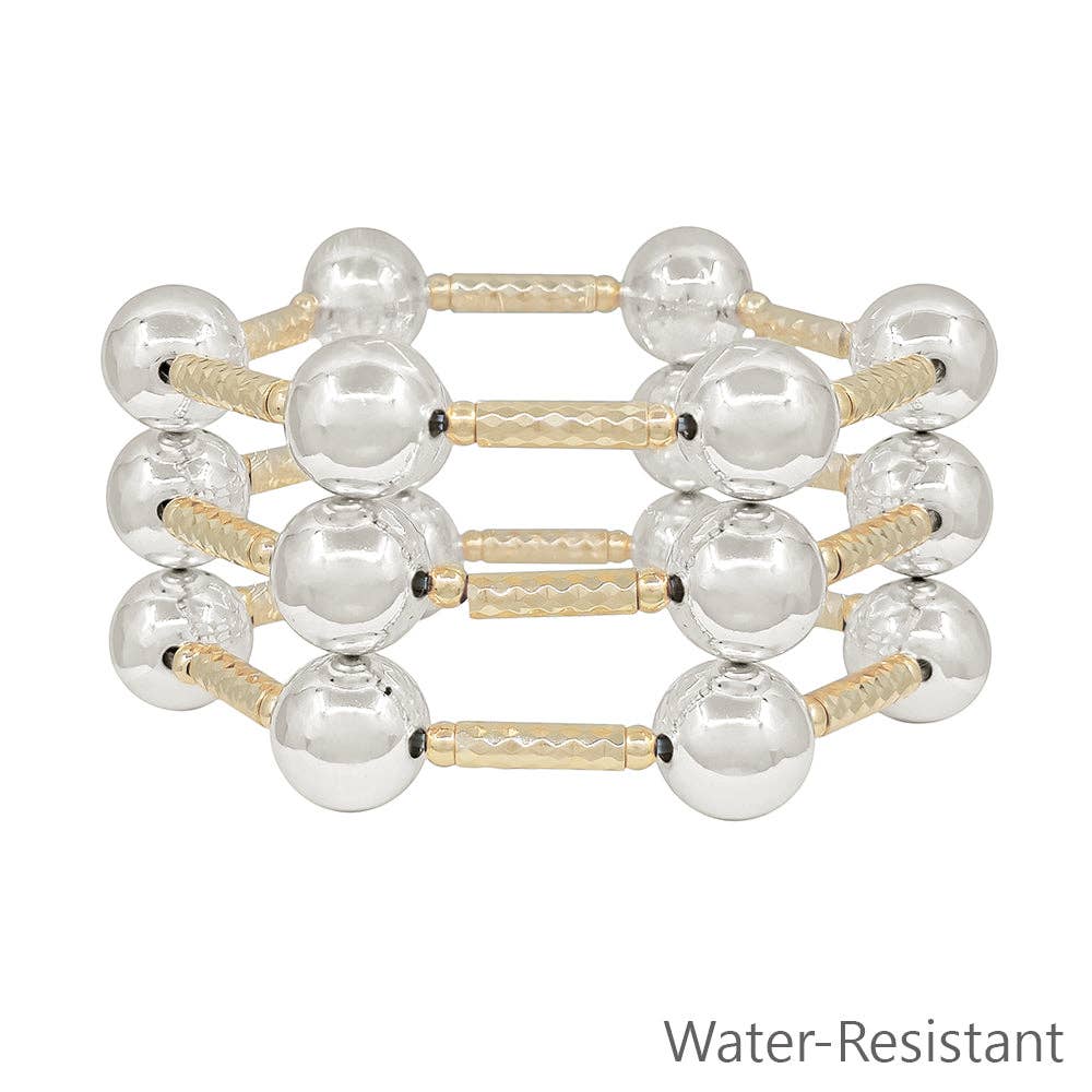 Water Resistant Set of 3 Gold Tube with 14MM Silver Beaded Bracelet Set