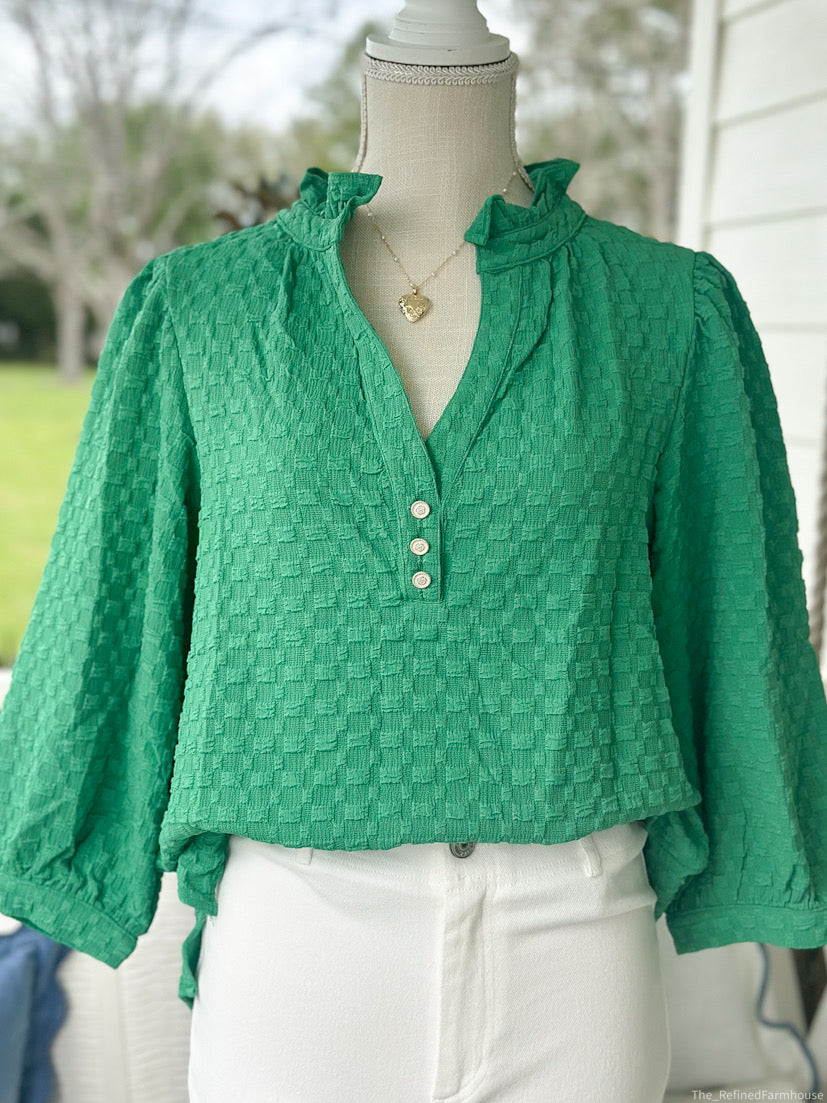 Green Ruffle Top 3/4 sleeves