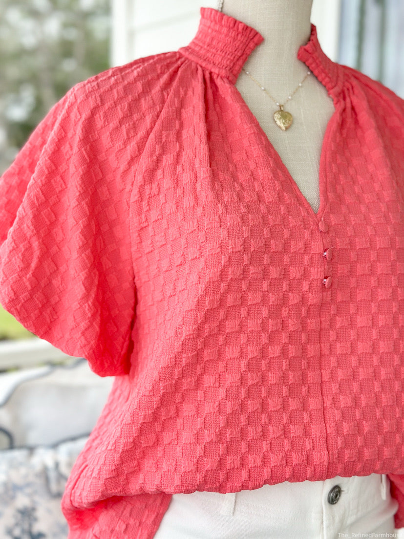 Coral Jacquard Ruffle Top