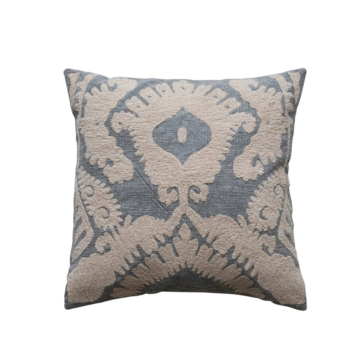 20" Square Cotton Slub Tufted Pillow w/Damask Pattern