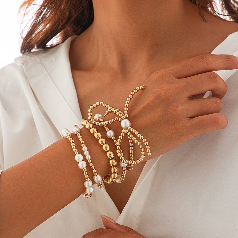 Multi layer Ball Chain Pearl Bow Bracelet