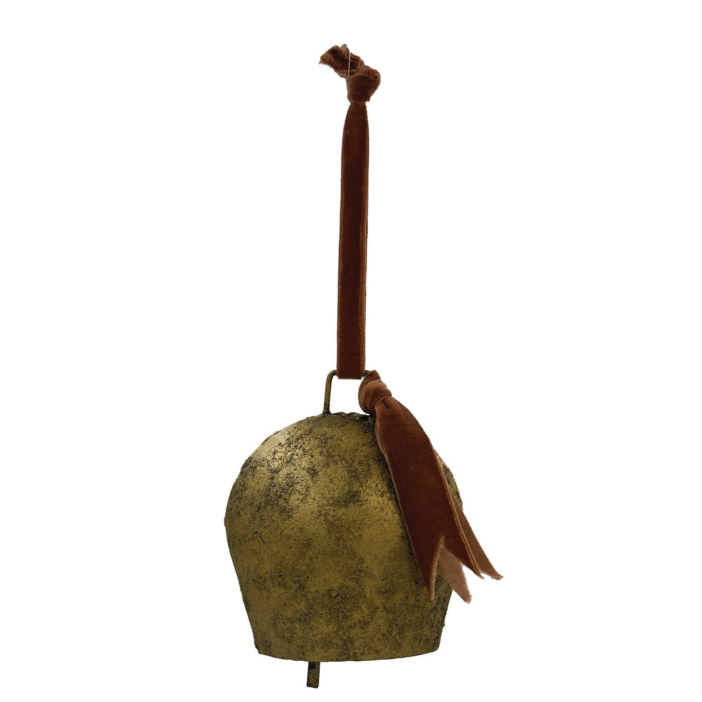 Metal Bell Ornament with Velvet Ribbon | Antique Gold Finish