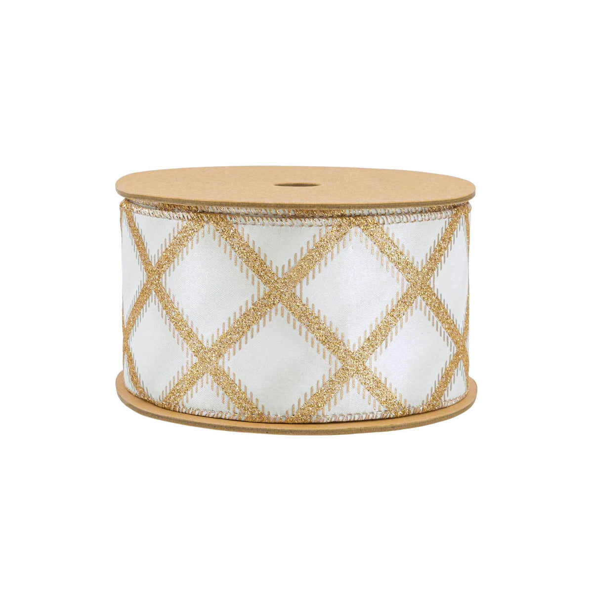 2 1/2" Gold Glitter Diamonds Wired Ribbon on Ivory | 10 Yard Roll