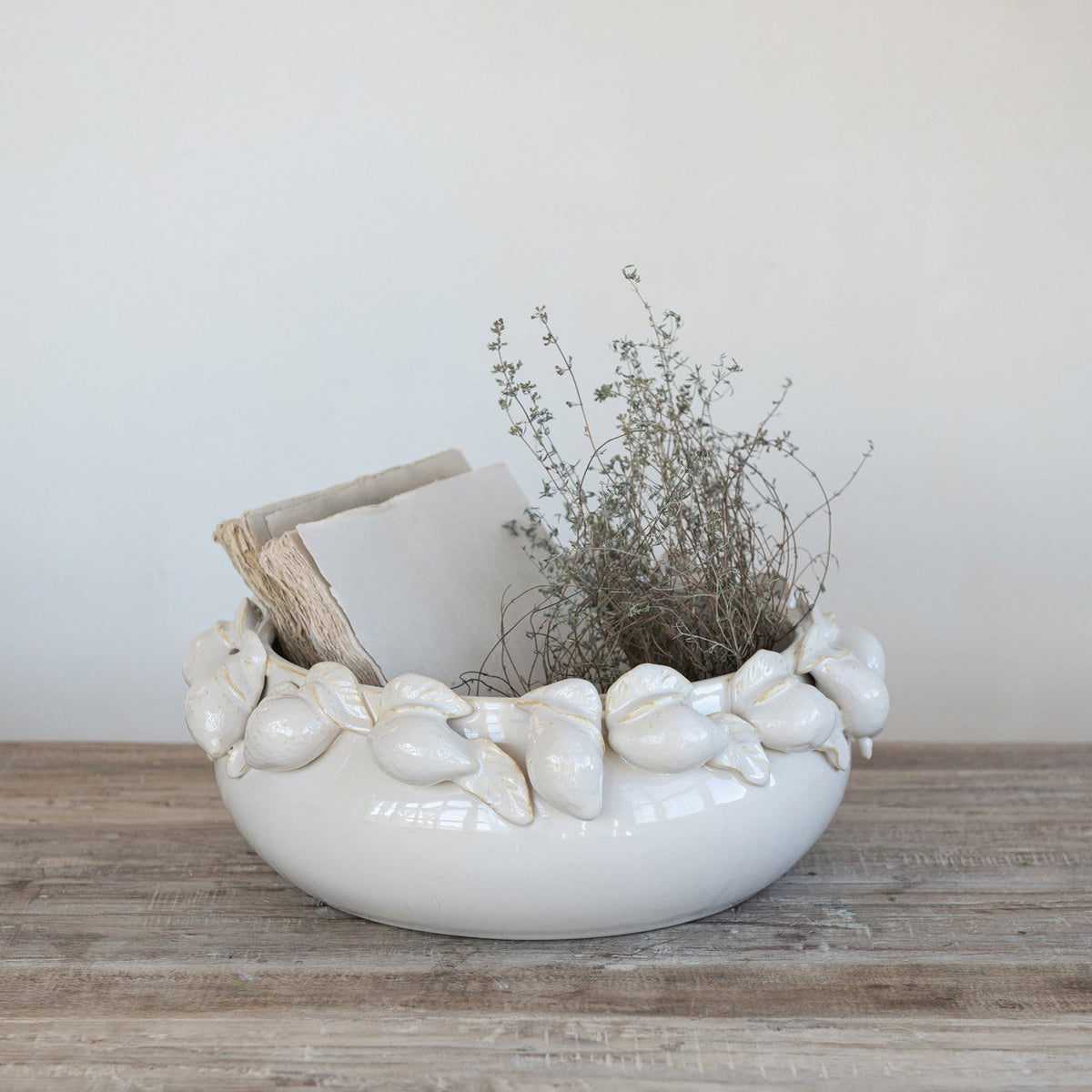 Stoneware Bowl with 3D Lemons on Rim, Cream Color