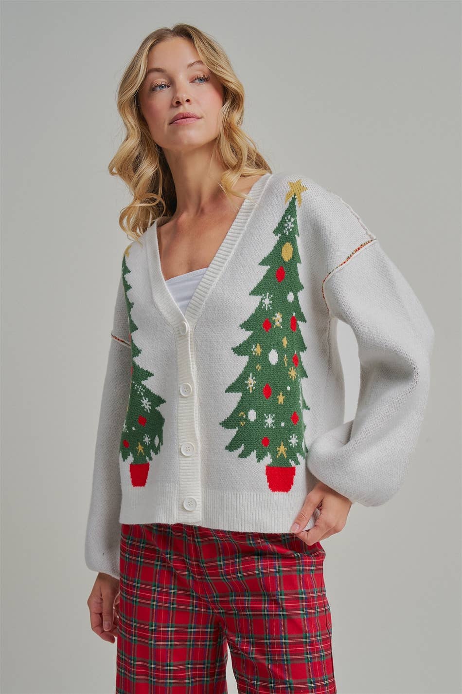 BIG CHRISTMAS TREE HOLIDAY BUTTON DOWN SWEATER CARDIGAN: OFF WHITE, S-M-L(2-2-2)