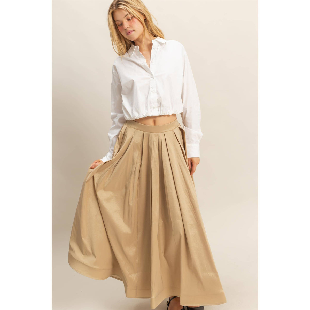 Timeless Grace Pleated Midi Skirt | Beige