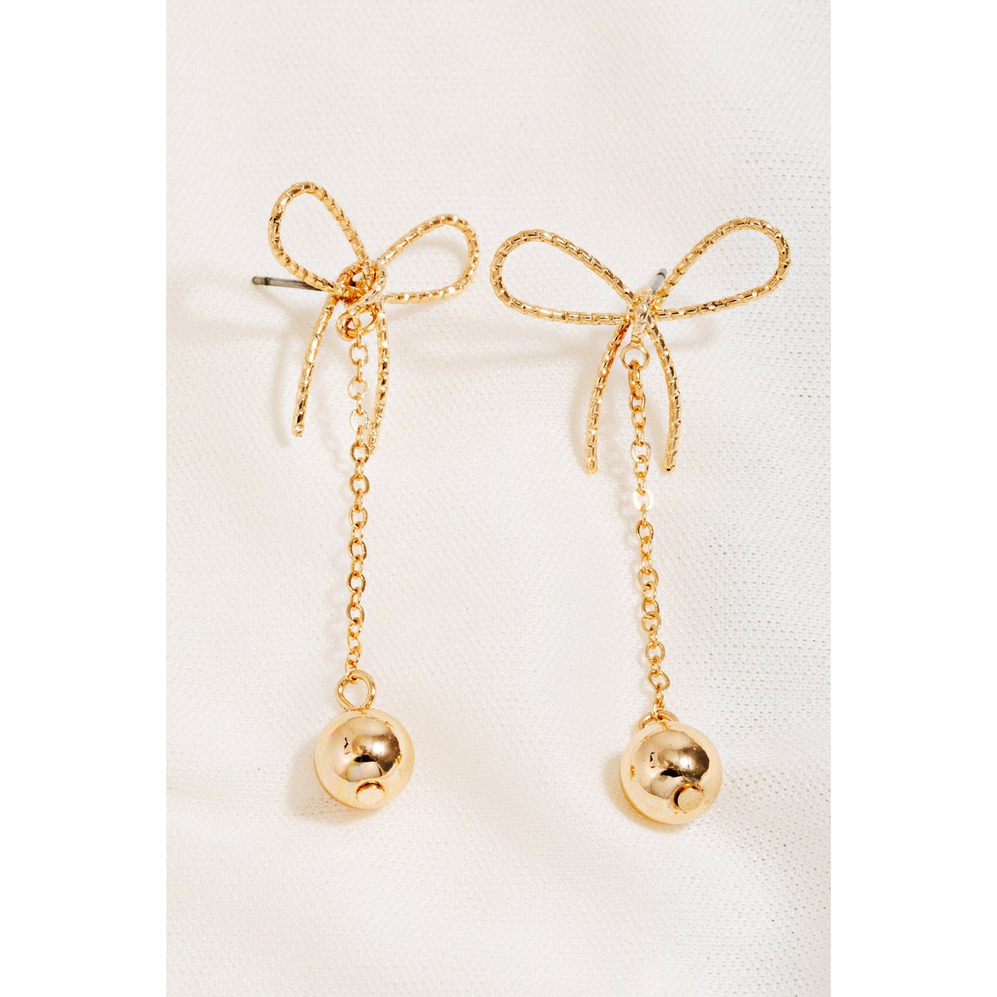 Metallic Ball Charm Chain Dangle Bow Stud Earrings: GD