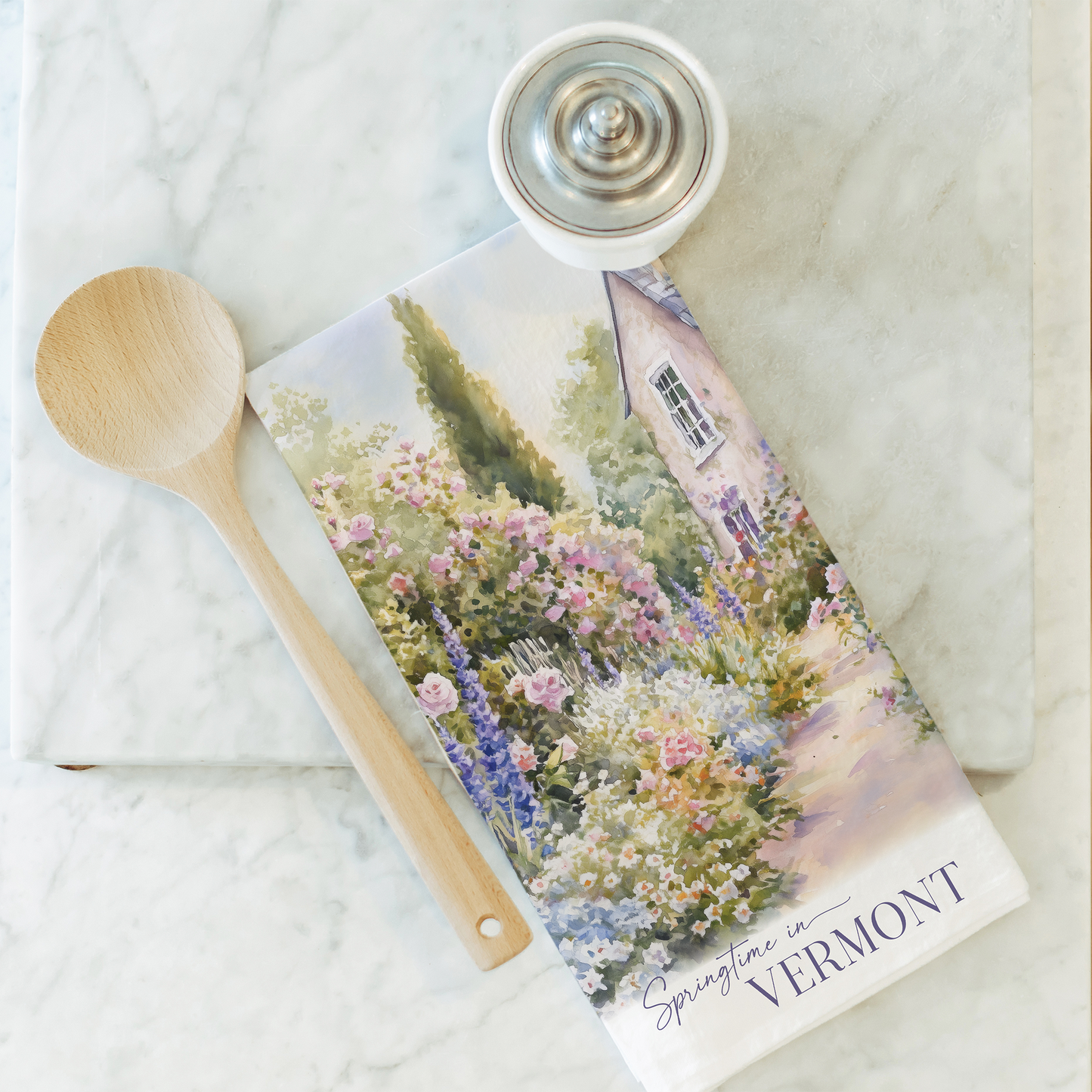 Semmes  Springtime Cottage  Tea Towel: White