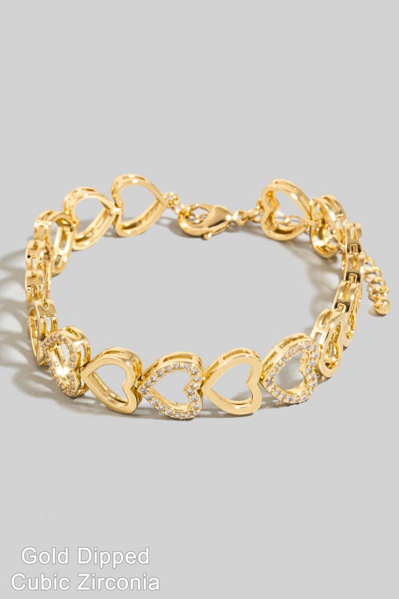 Gold Dipped Cz Hearts Chain Bracelet
