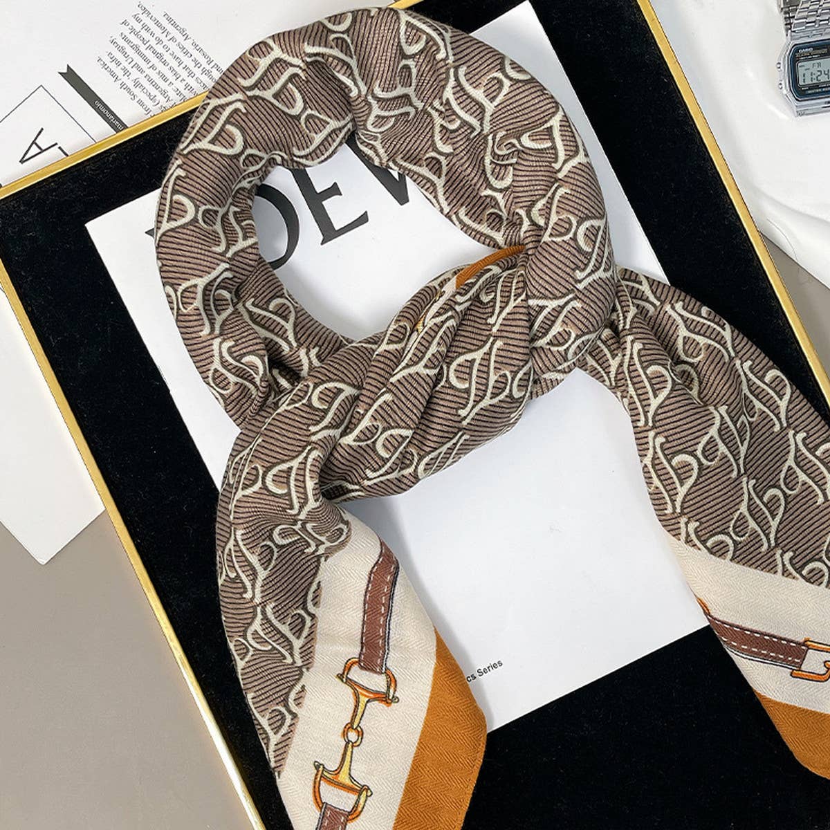 Luxury Chain Print Velvet Scarf | KHAKI