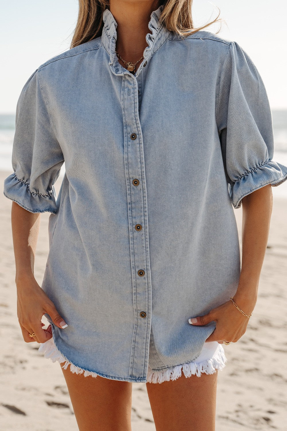 Ruffle Denim Puff Sleeve Summer Chambray Shirt