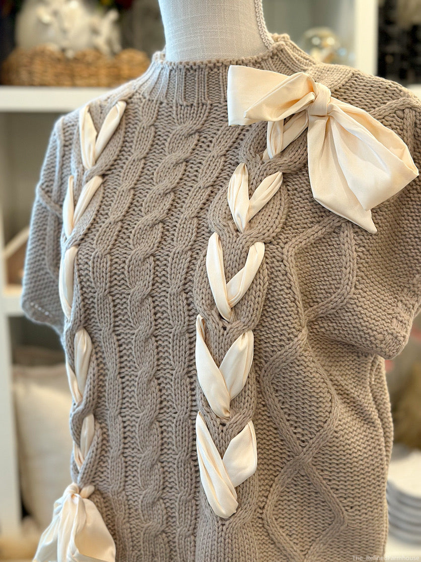 SATIN BOW CABLE KNIT SWEATER TOP: TAUPE