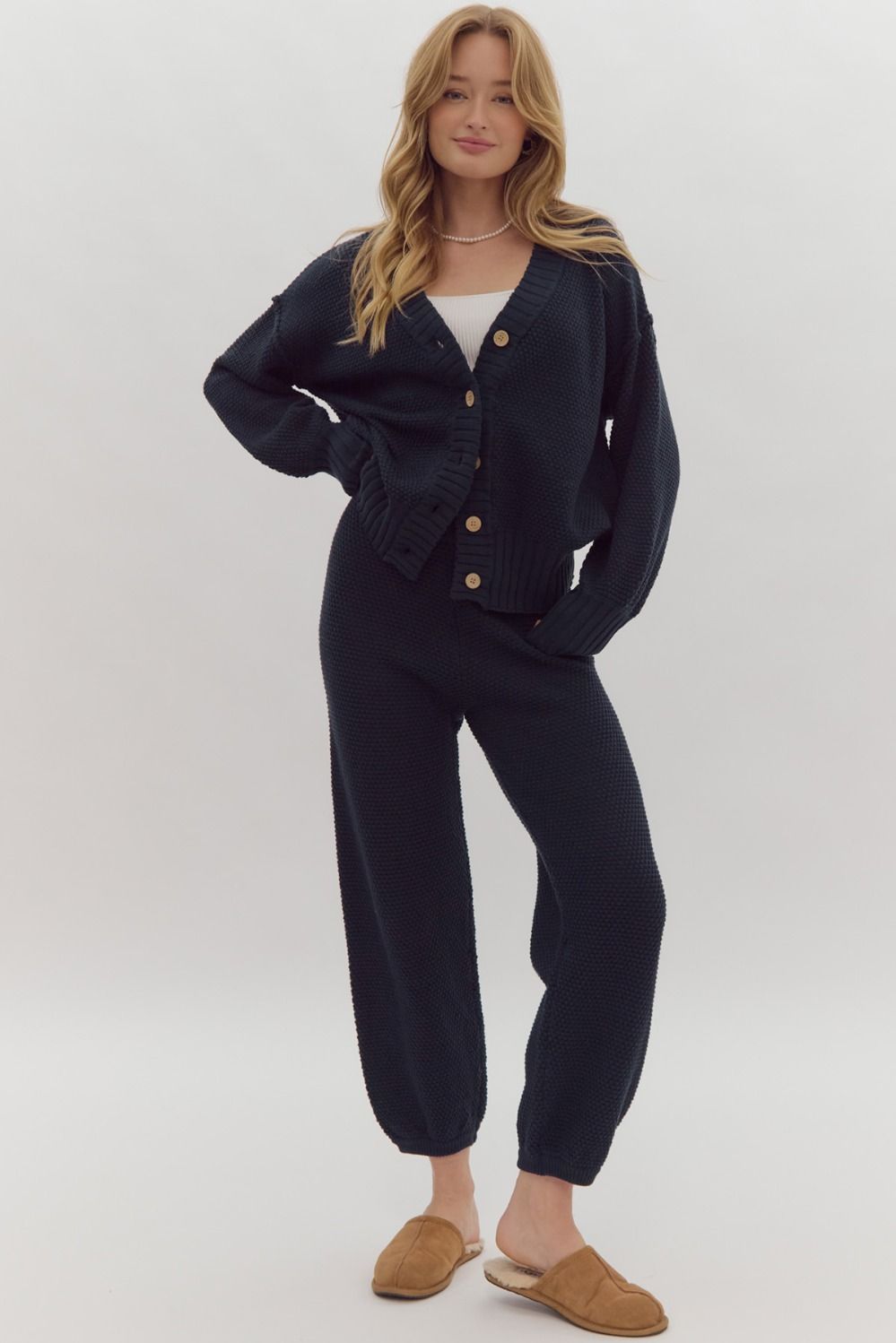 Navy Textured High Waisted Pants