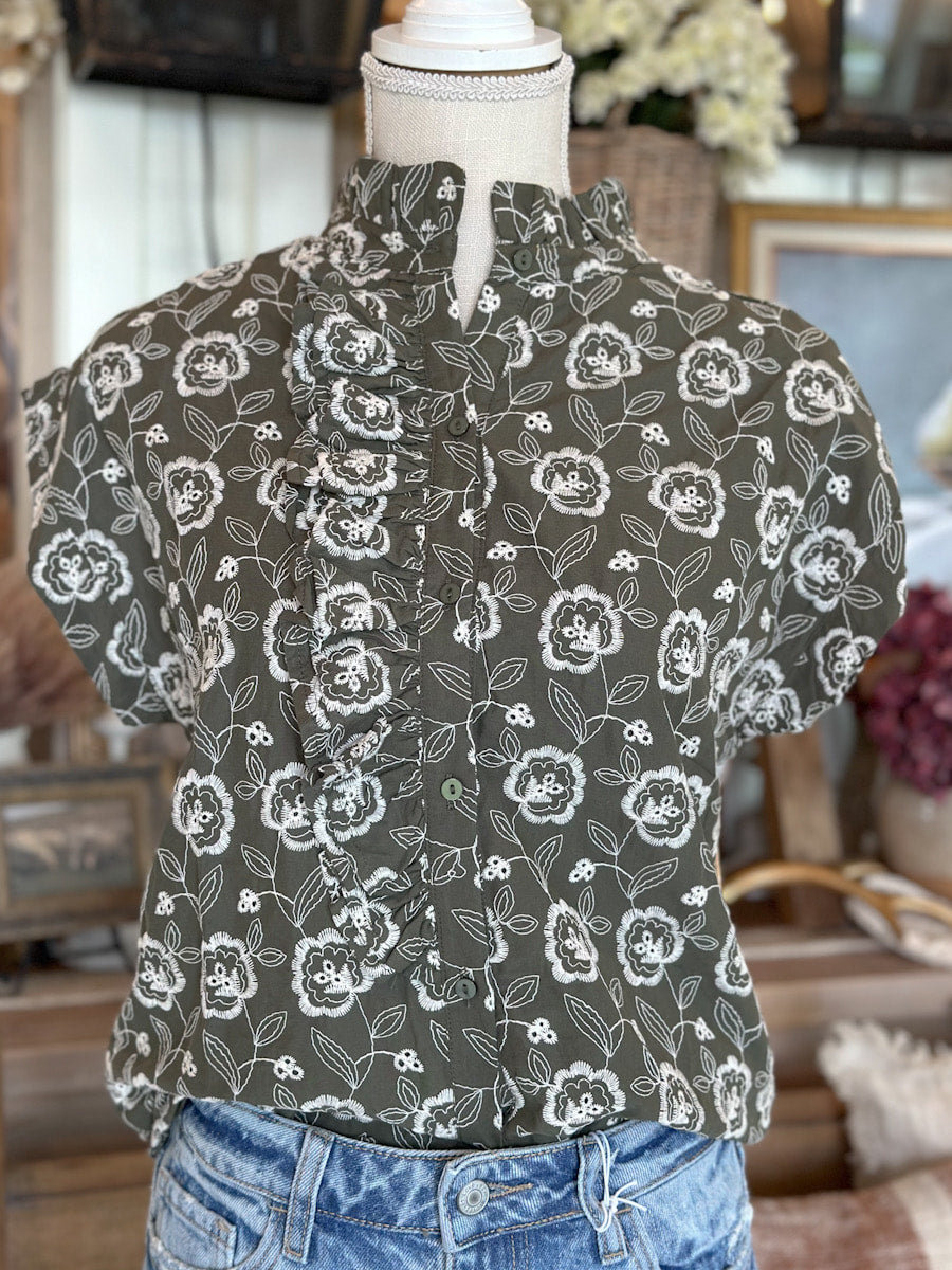 Olive Floral Print Cap Sleeve Top