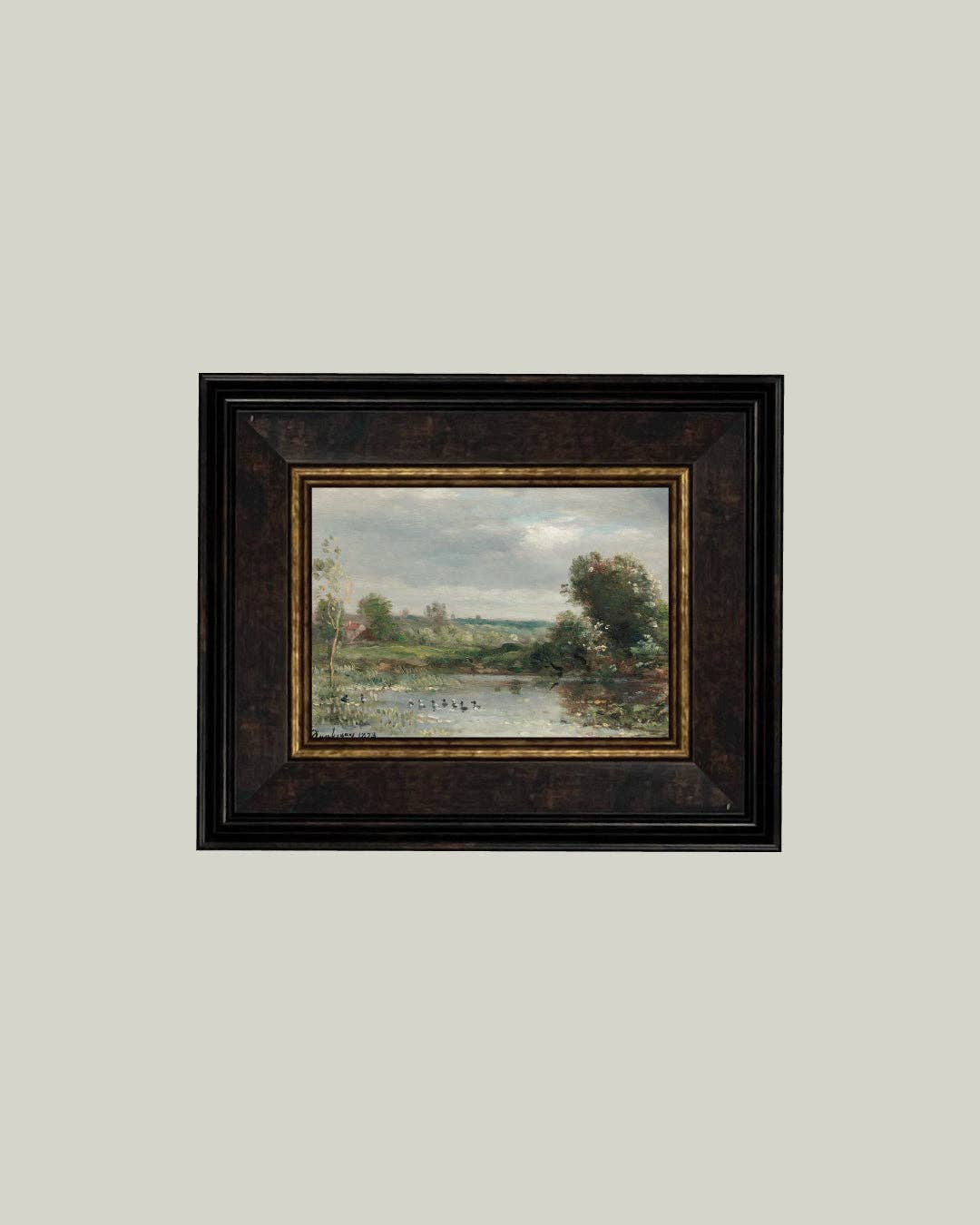 Ducklings on a Lake Framed Antique Art: 32x18