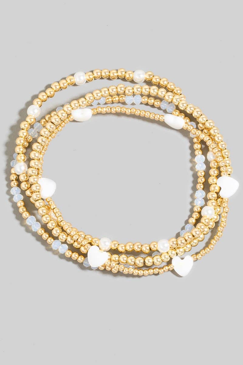Heart Charms Pearl And Metallic Beaded Bracelet Set: Gold
