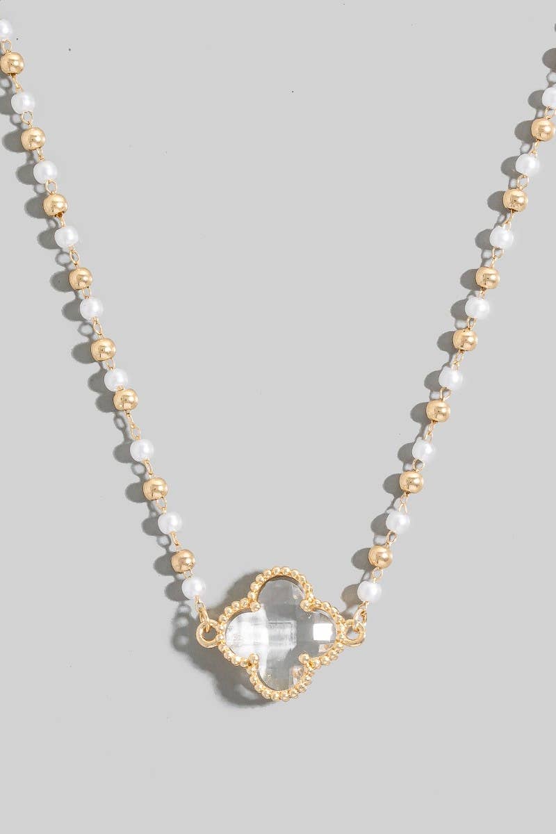 Faceted Clover Pendant Pearl Beaded Necklace