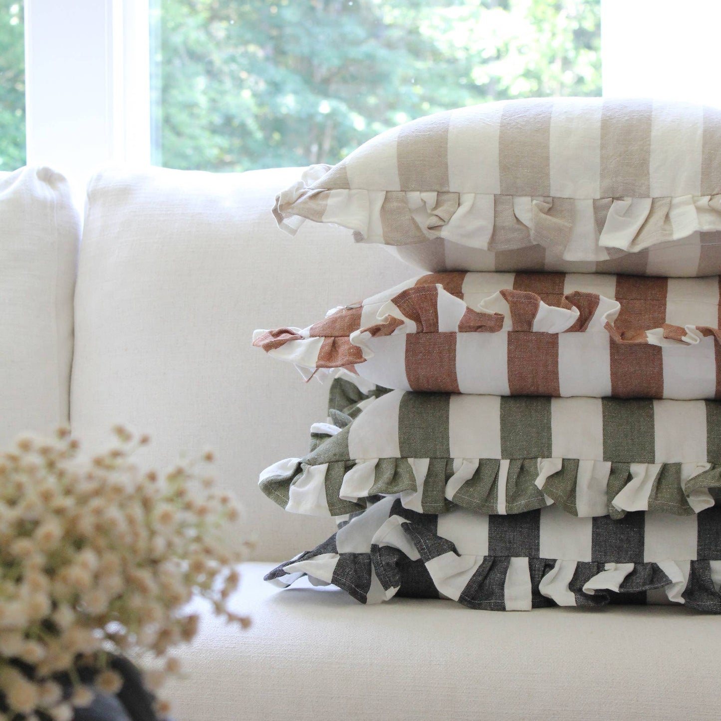 Ruffled Cabana Stripe Pillow Cover Collection: Tan