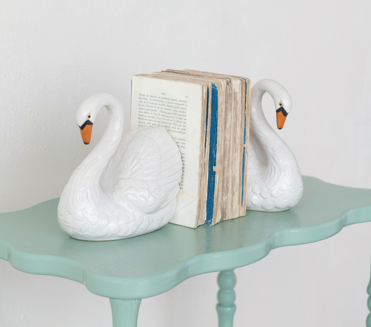 Stoneware Swan Shaped Bookends, White, Orange Color & Black, Set of 2