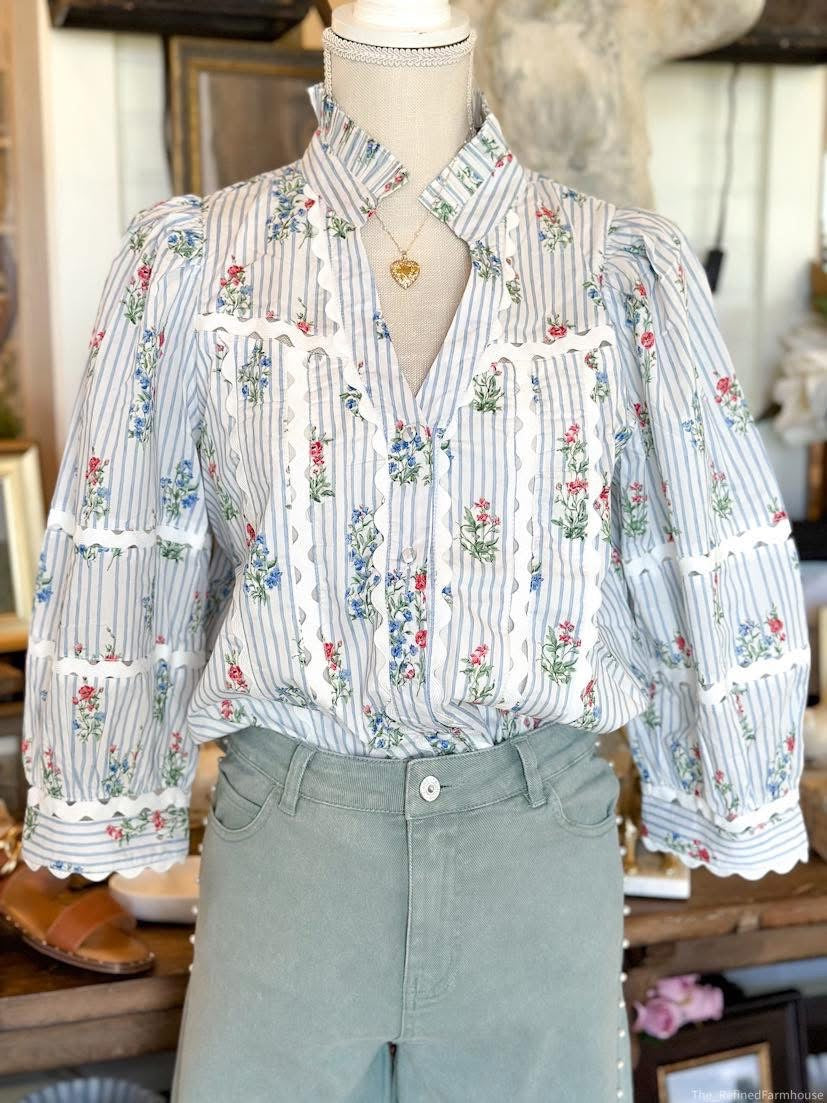 Blue Floral Ric Rac Stripe Top