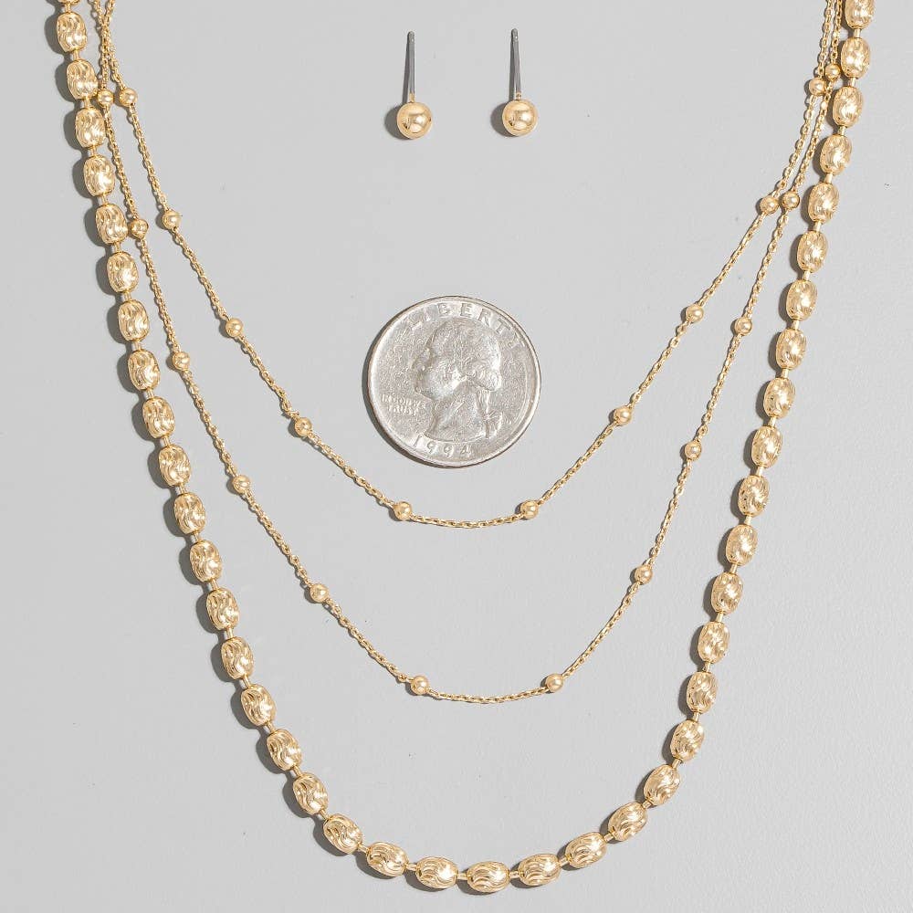 Intricate Metallic Beaded And Chain Layered Necklace Set