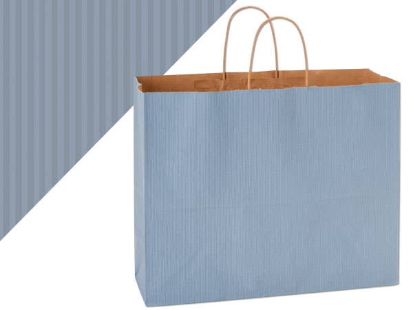 Recycled Shadow Stripe Kraft Paper Retail Shopping Bags: French Blue, 25 Pack, Vogue 16x6x13"