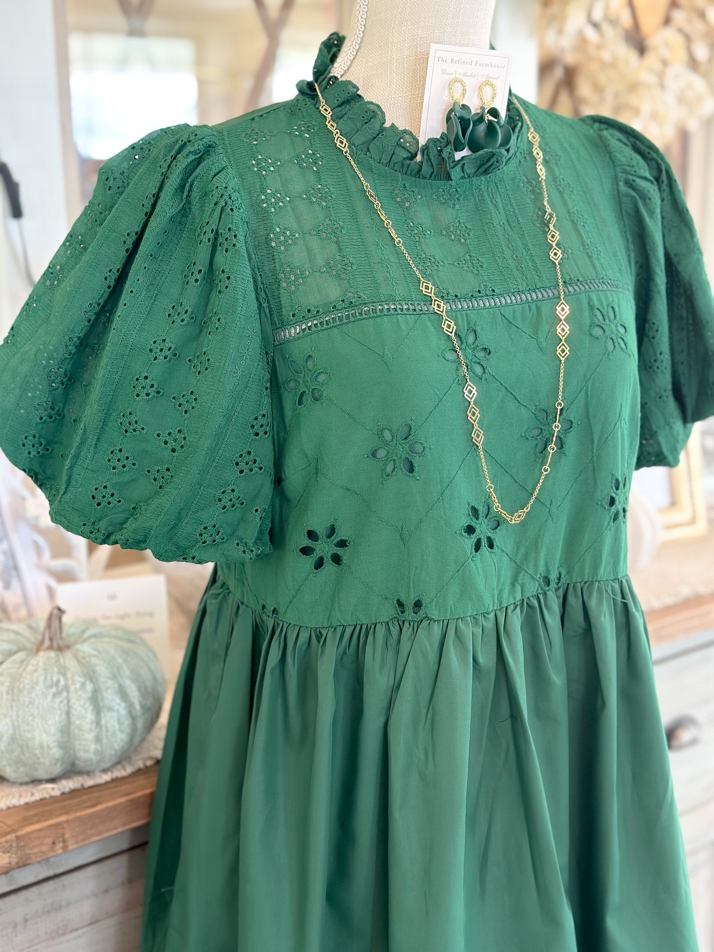 Forest Green Short Bubble Sleeve Dress