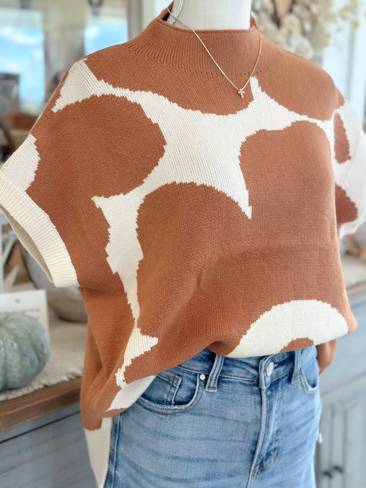 Big Flower Print knit Dolman Sleeves Sweater - Toffee/Off White