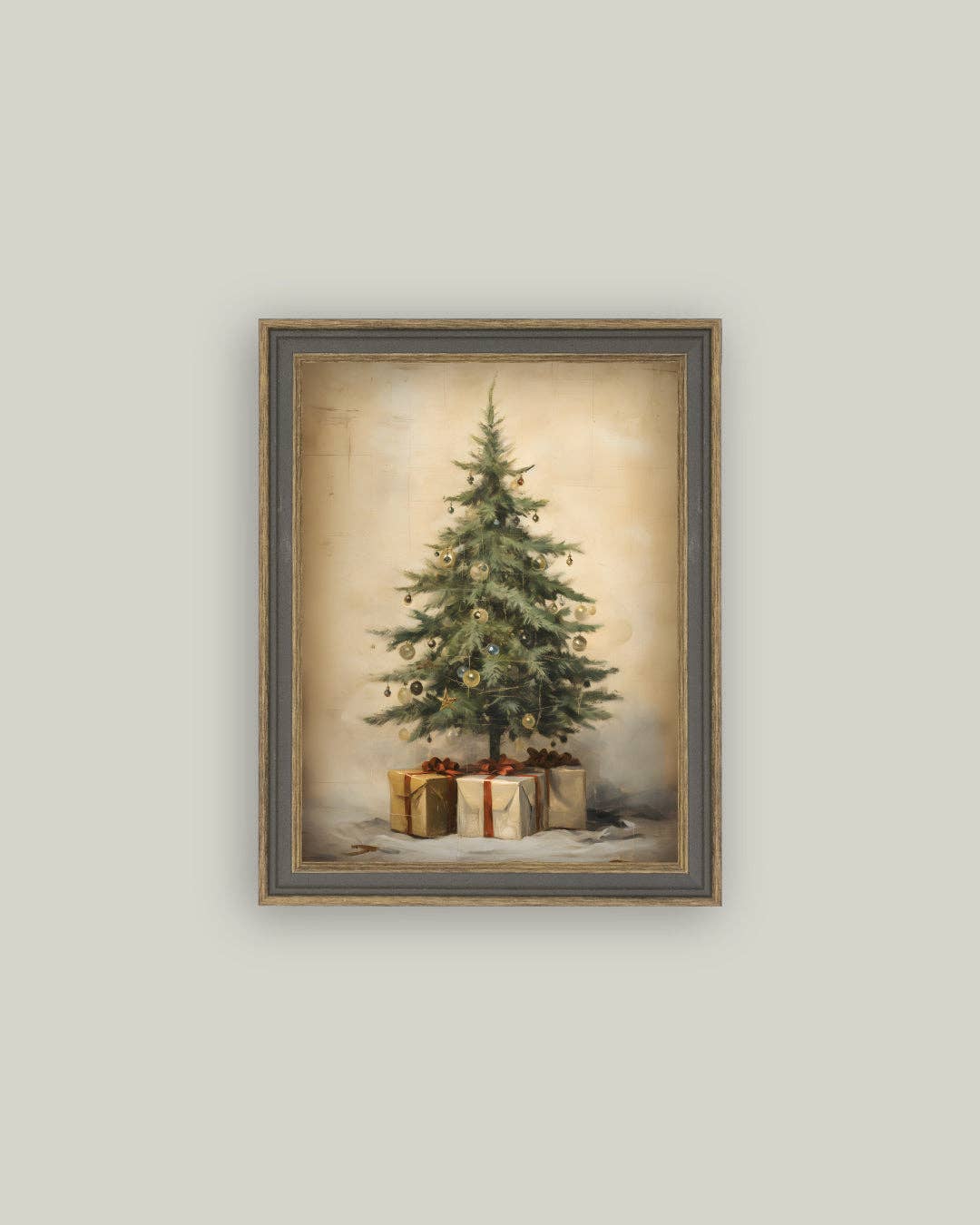Christmas Tree with Presents Framed Antique Art: 7x9
