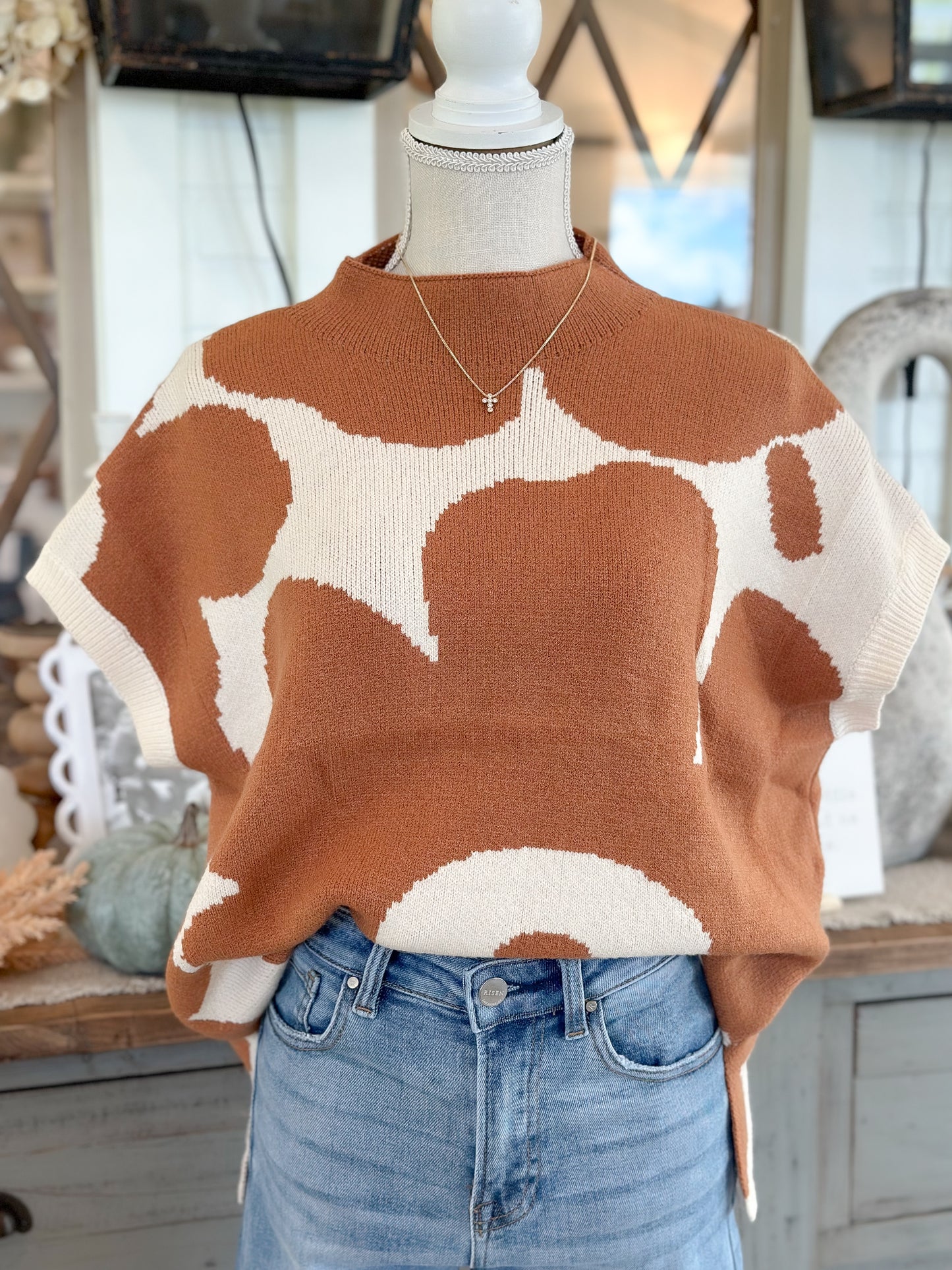 Big Flower Print knit Dolman Sleeves Sweater - Toffee/Off White