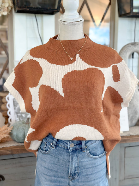 Big Flower Print knit Dolman Sleeves Sweater - Toffee/Off White