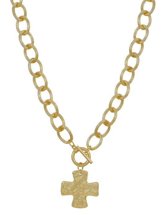 Gold Open Chain with Hammered Cross Toggle Charm 16"-18" Necklace