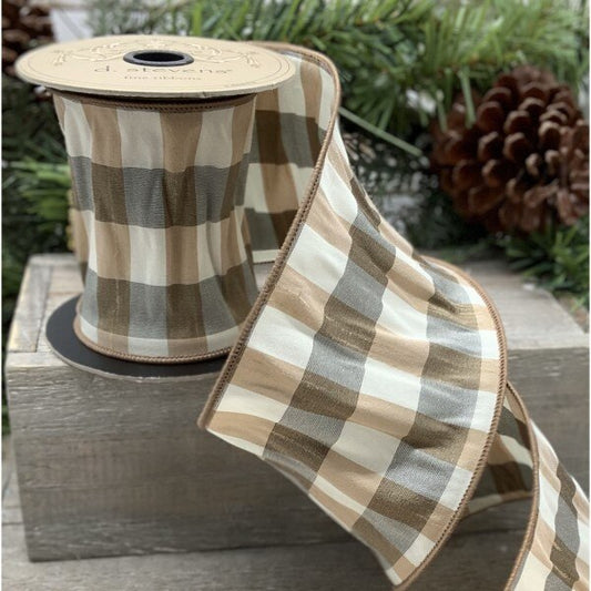 Brown-Grey Boise Check Faux Dupion Ribbon – 4" x 10yds